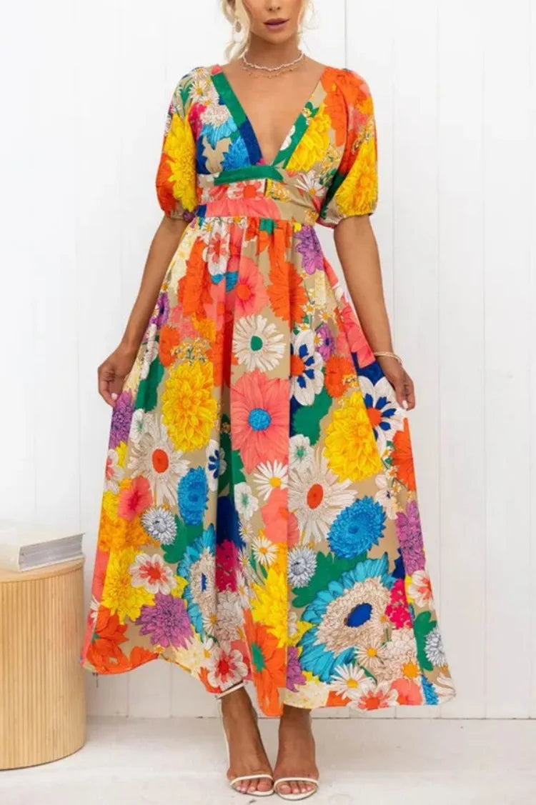 Blumenkleid mit Puffärmeln und schickem Design für Damen