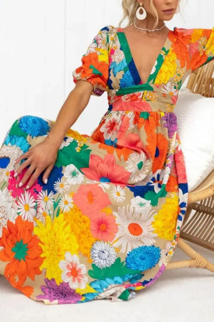 Blumenkleid mit Puffärmeln und schickem Design für Damen