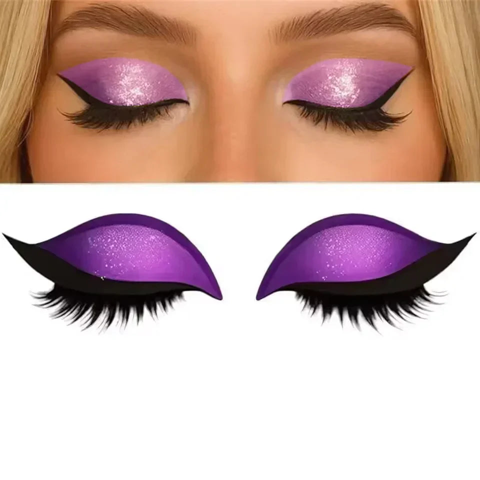 Purple shimmer augen make-up sticker wiederverwendbar on woman's eyes with before after