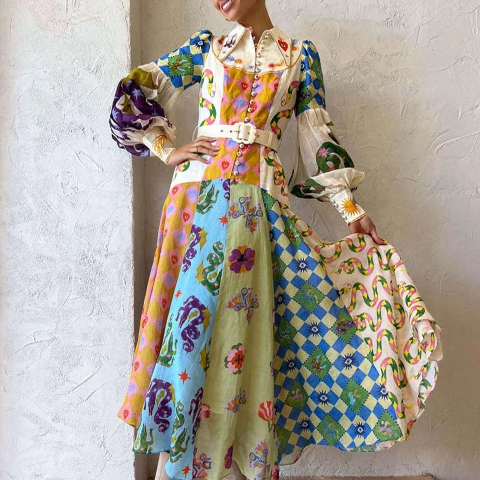 Giselle | Bohème Maxikleid in A-Linie mit Knopfverschluss