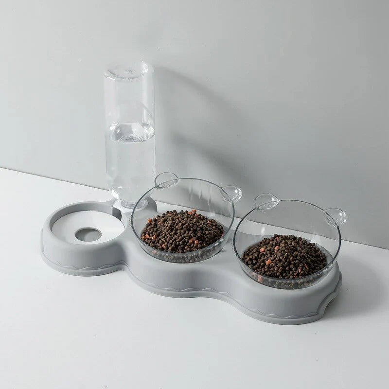 3-in-1 Futternapf-Set mit automatischem Wasserspender in grau mit Futter
