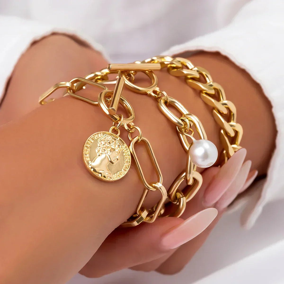 Goldenes Cuban Armband Set für Damen