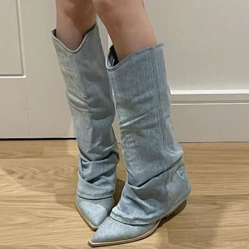 Modische Denim-Kniestiefel mit trendigem Look für Damen