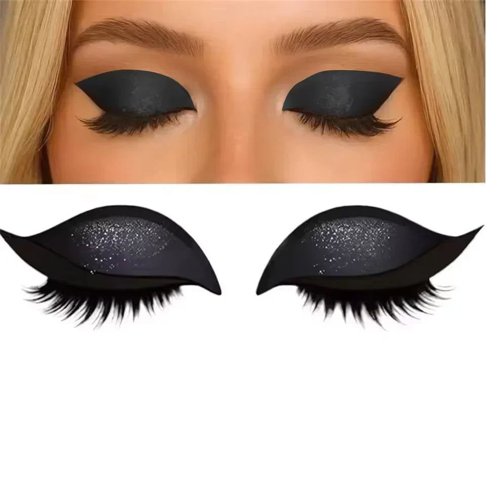 Black glitter augen make-up sticker wiederverwendbar on woman's eyes with before after