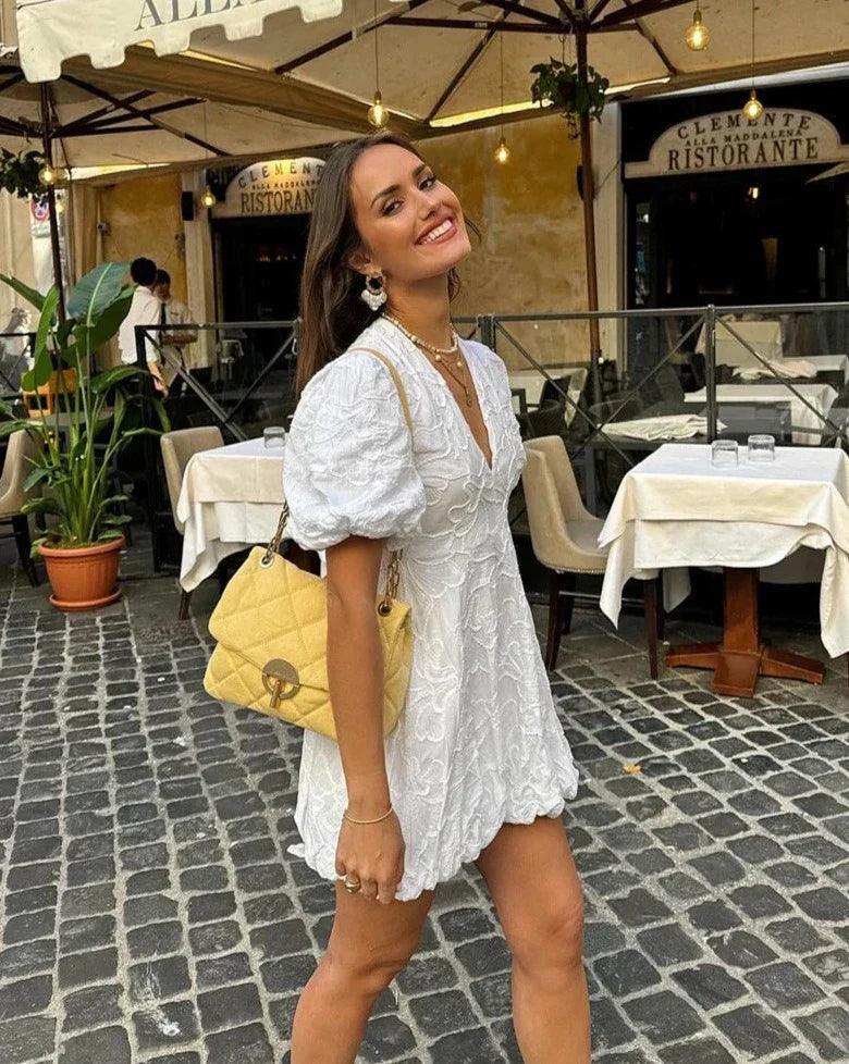Weißes Italienisches Minikleid mit Puffärmeln Für Frauen