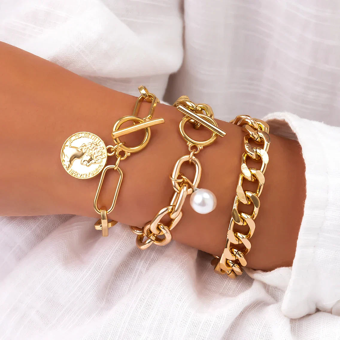Goldenes Cuban Armband Set für Damen