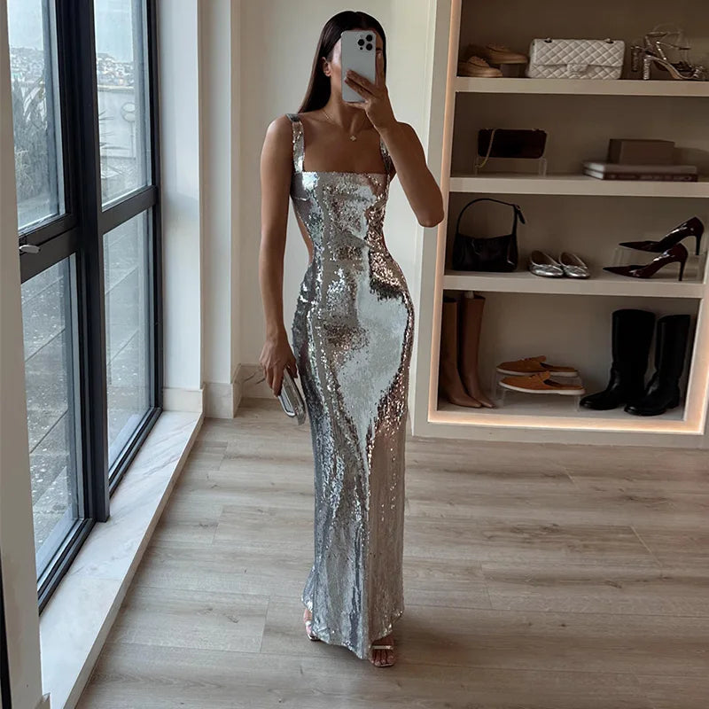Maxikleid Mit Spaghetti-Trägern Und Glanz Für Frauen
