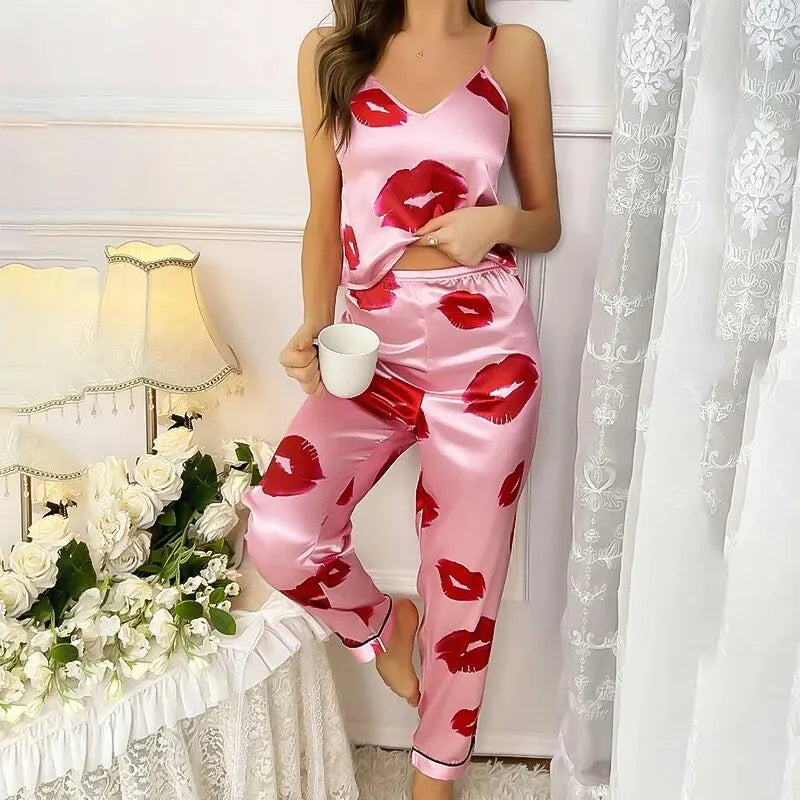 Satin-Pyjama-Set mit Lippenmuster Für Frauen