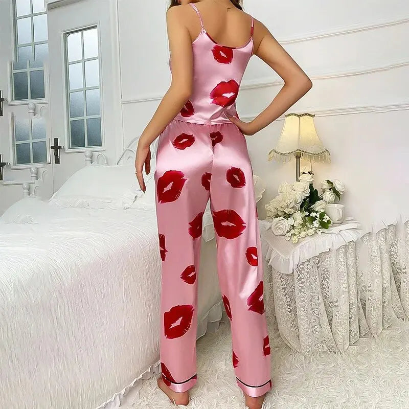 Satin-Pyjama-Set mit Lippenmuster Für Frauen