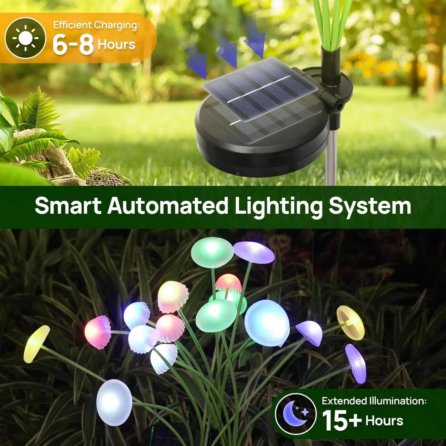 Solar-Pilzleuchten 2er-Set – 6 schwingende Köpfe, RGB oder Warmweiß product image 5