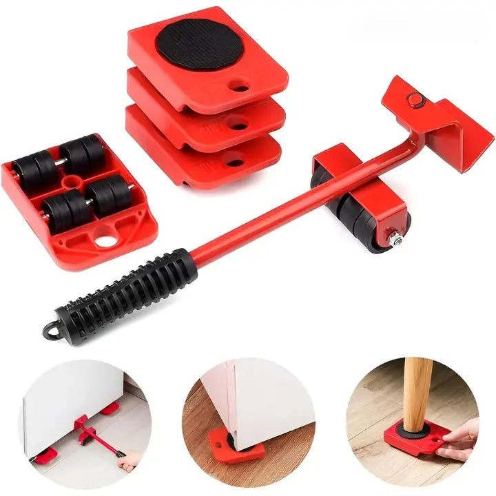 Red Schwerlast-Möbeltransport-Radsatz components with lever tool and usage examples