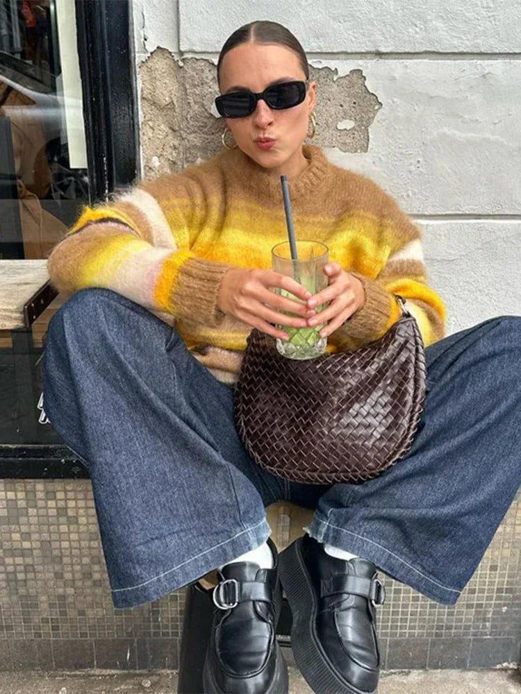 Gestreifter Mohair-Casual-Pullover mit gemütlicher Wärme Für Frauen