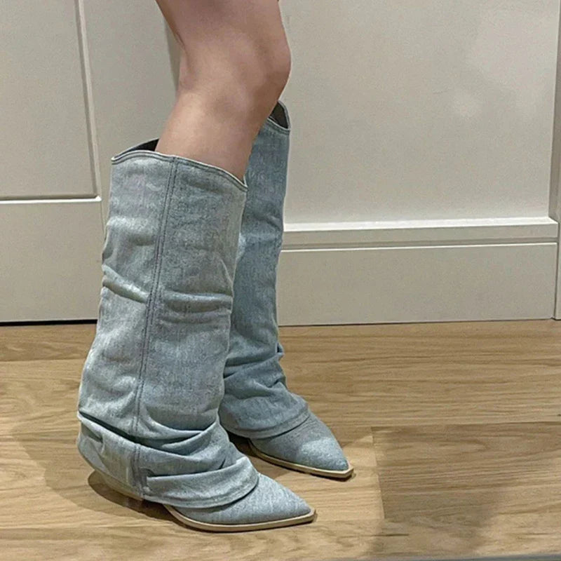 Modische Denim-Kniestiefel mit trendigem Look für Damen