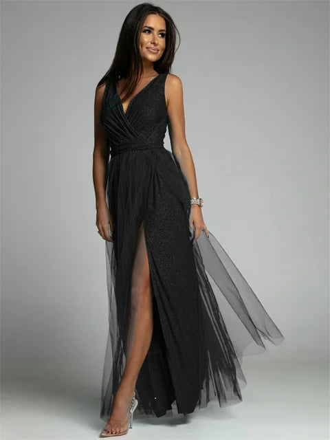 Elegantes Abendkleid mit Mesh Details und Hohem Schlitz für Frauen