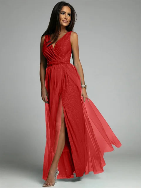 Elegantes Abendkleid mit Mesh Details und Hohem Schlitz für Frauen