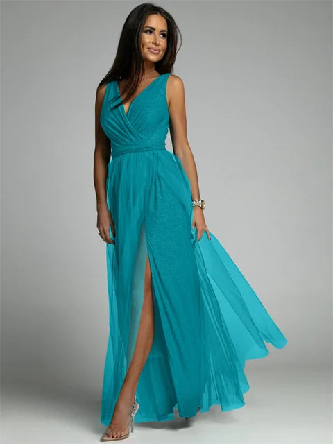 Elegantes Abendkleid mit Mesh Details und Hohem Schlitz für Frauen