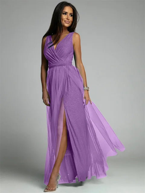 Elegantes Abendkleid mit Mesh Details und Hohem Schlitz für Frauen