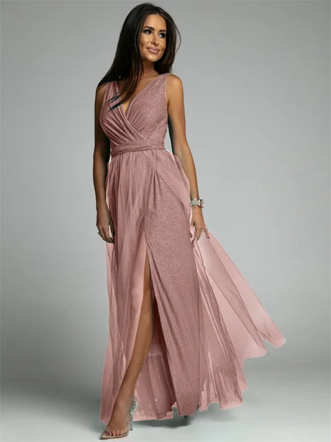 Elegantes Abendkleid mit Mesh Details und Hohem Schlitz für Frauen