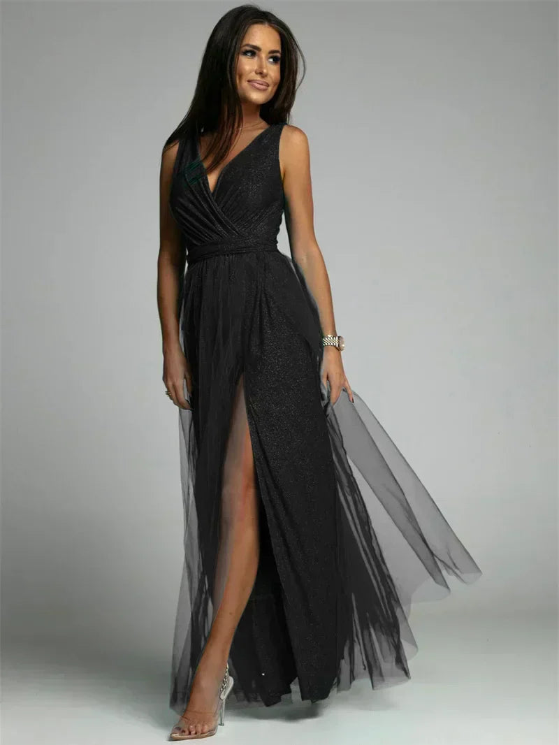 Elegantes Abendkleid mit Mesh Details und Hohem Schlitz für Frauen