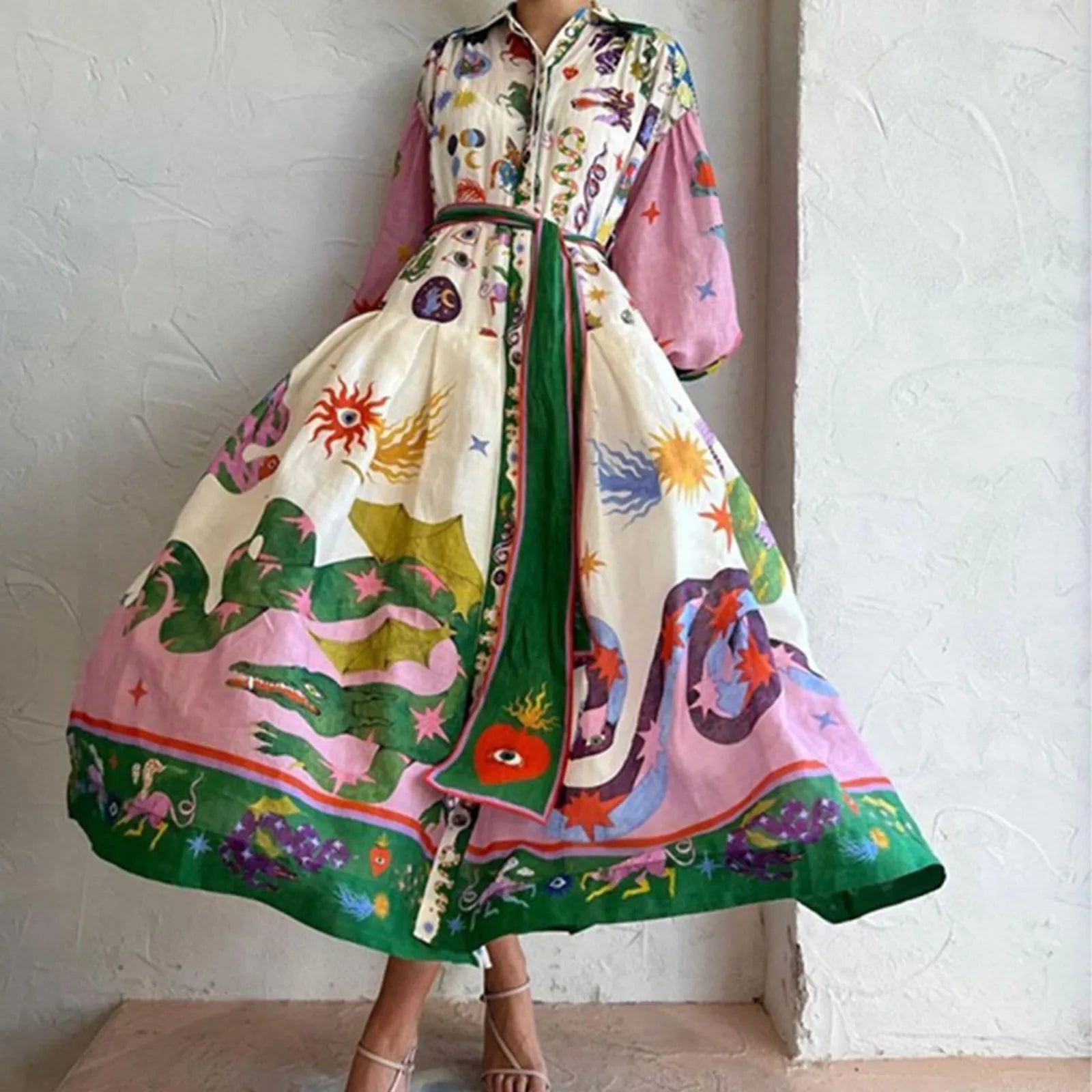 Giselle | Bohème Maxikleid in A-Linie mit Knopfverschluss