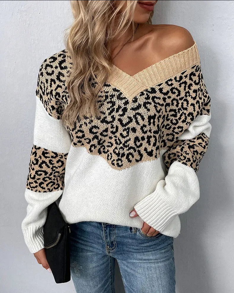 Auffälliger V-Ausschnitt-Leo-Pullover Für Frauen
