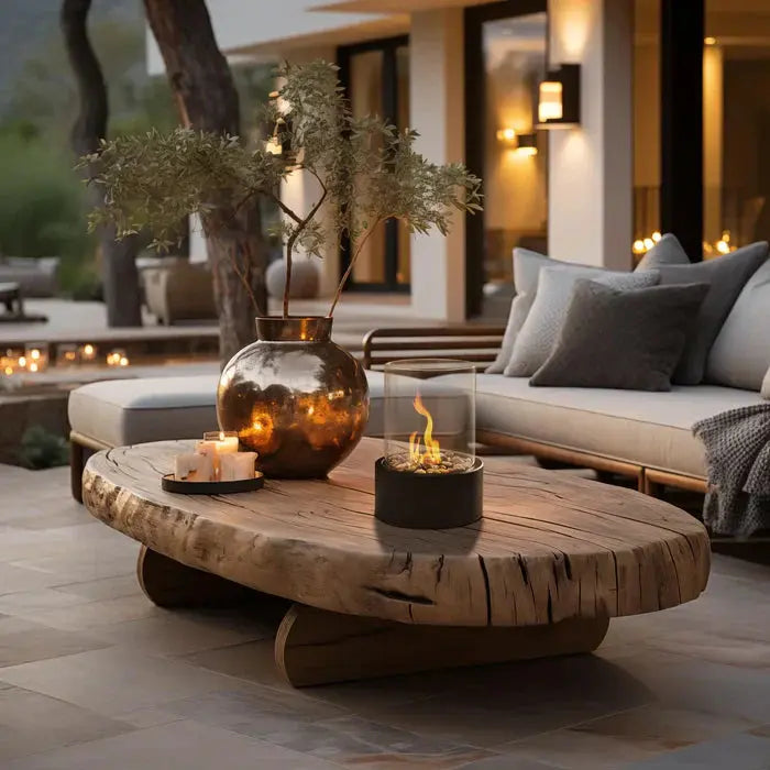 Tischfeuer-Laterne on wooden coffee table with outdoor furniture