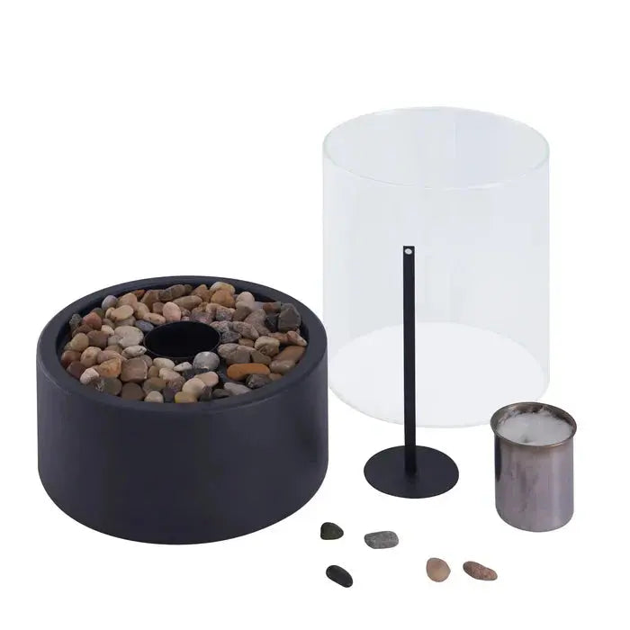 Tragbare Tischfeuer-Laterne components including glass cylinder and decorative stones