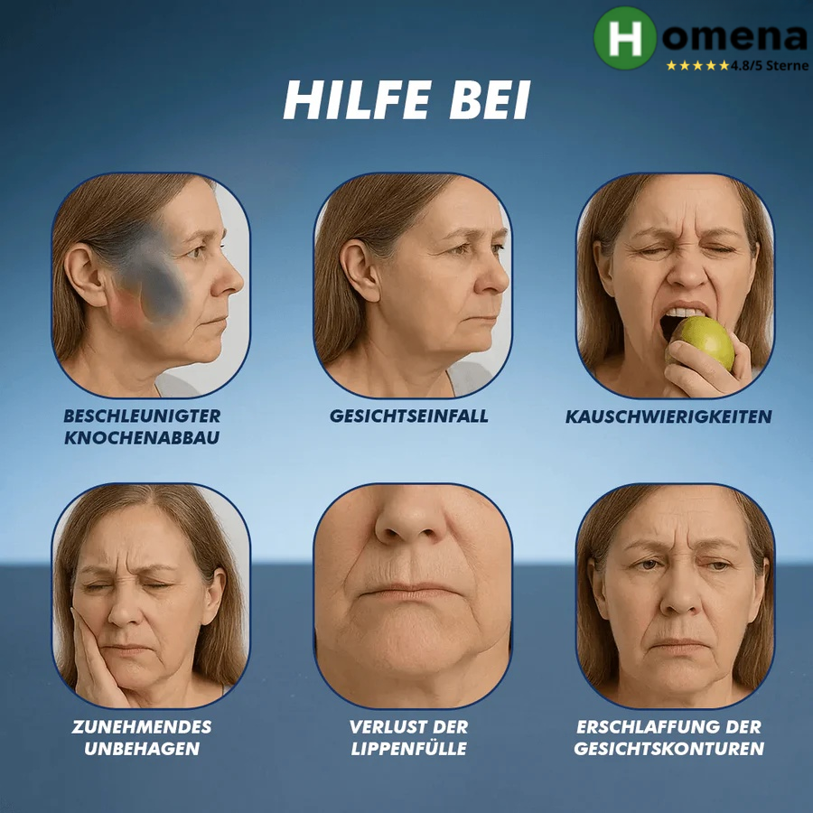 Sechs Gesichtsporträts zeigen Probleme die anpassbare Zahnprothese für kosmetische Anwendung löst