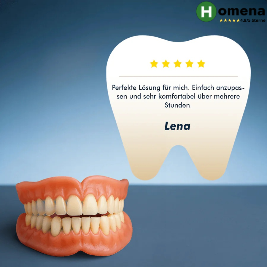 Anpassbare Zahnprothese mit Kundenbewertung von Lena und fünf Sterne Rating