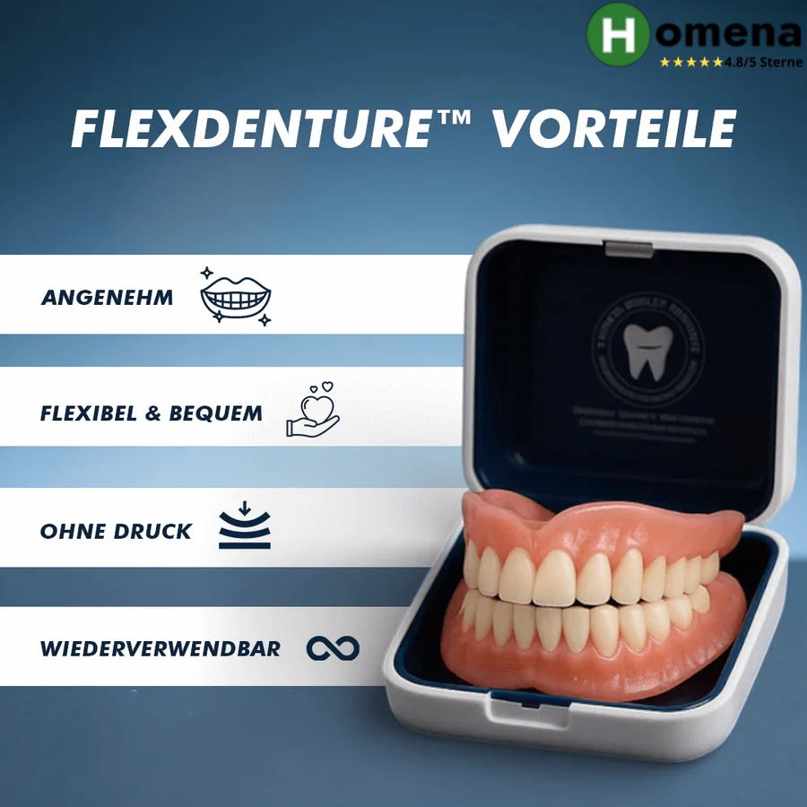 Anpassbare Zahnprothese Flexdenture Vorteile Infografik mit Aufbewahrungsbox und Prothese