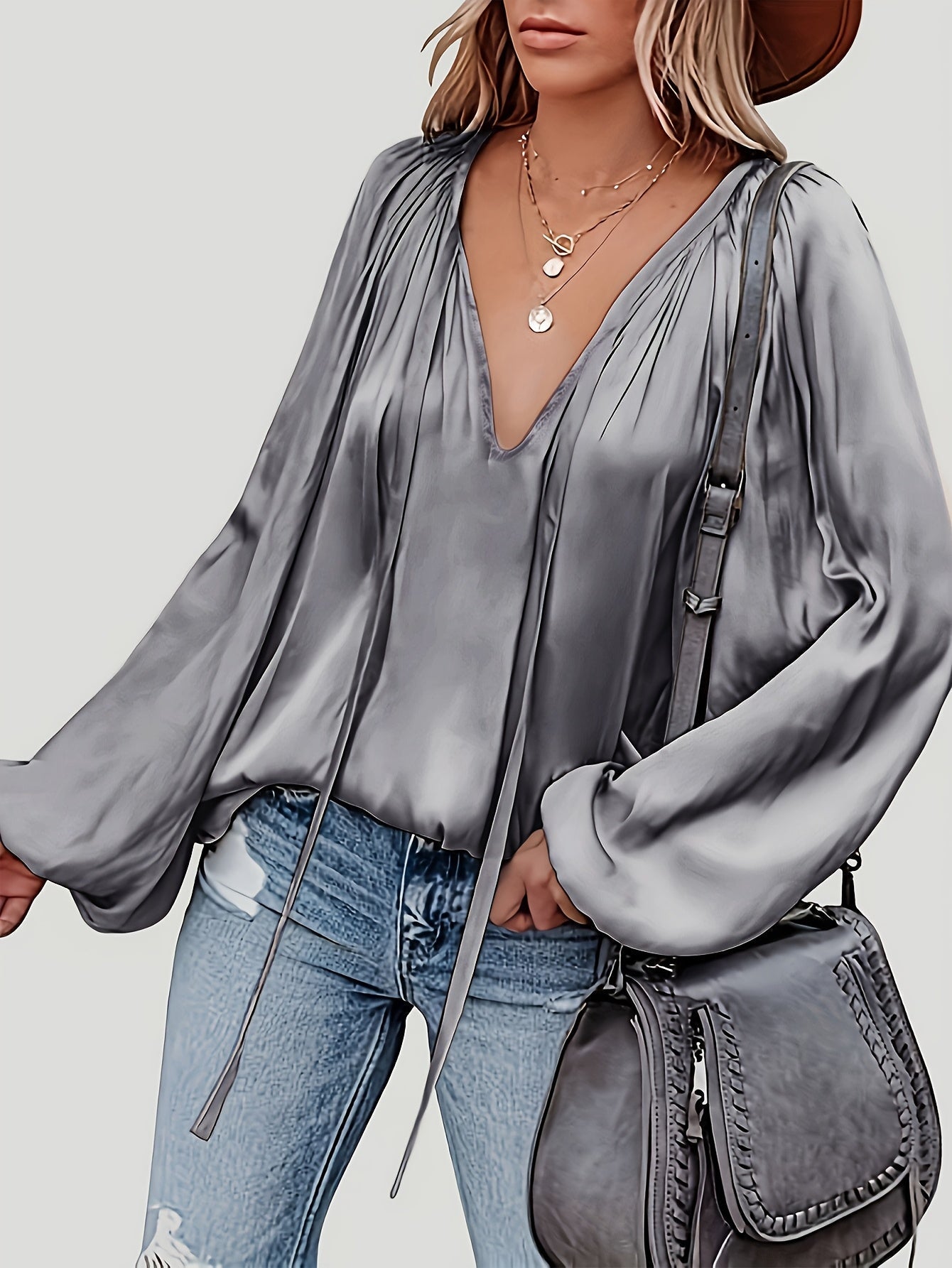 Bluse mit V Ausschnitt Schleife Laternenärmeln für Frauen