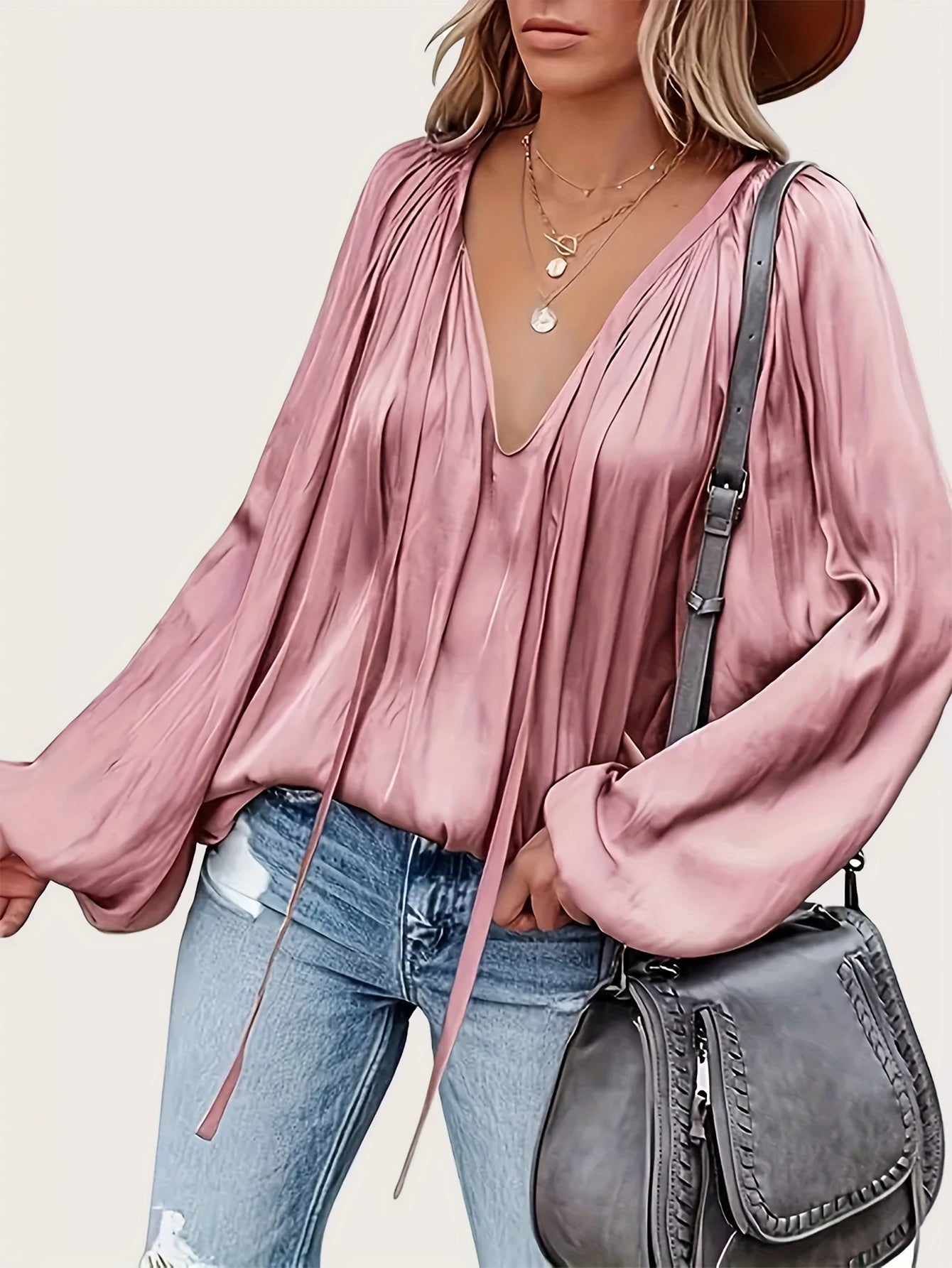 Bluse mit V Ausschnitt Schleife Laternenärmeln für Frauen