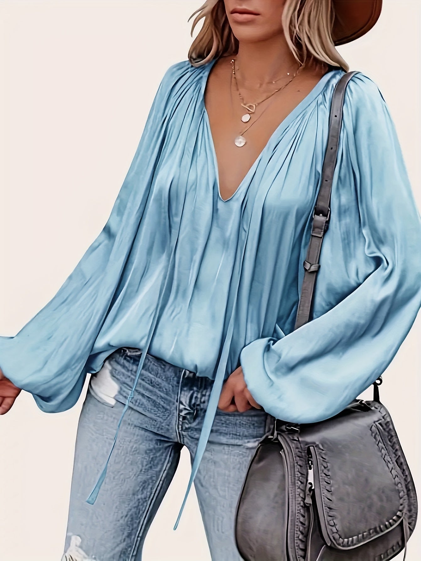 Bluse mit V Ausschnitt Schleife Laternenärmeln für Frauen