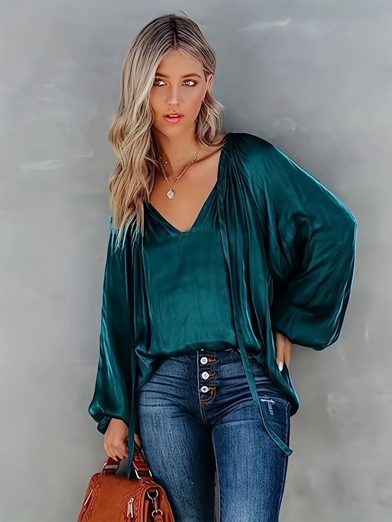 Bluse mit V Ausschnitt Schleife Laternenärmeln für Frauen