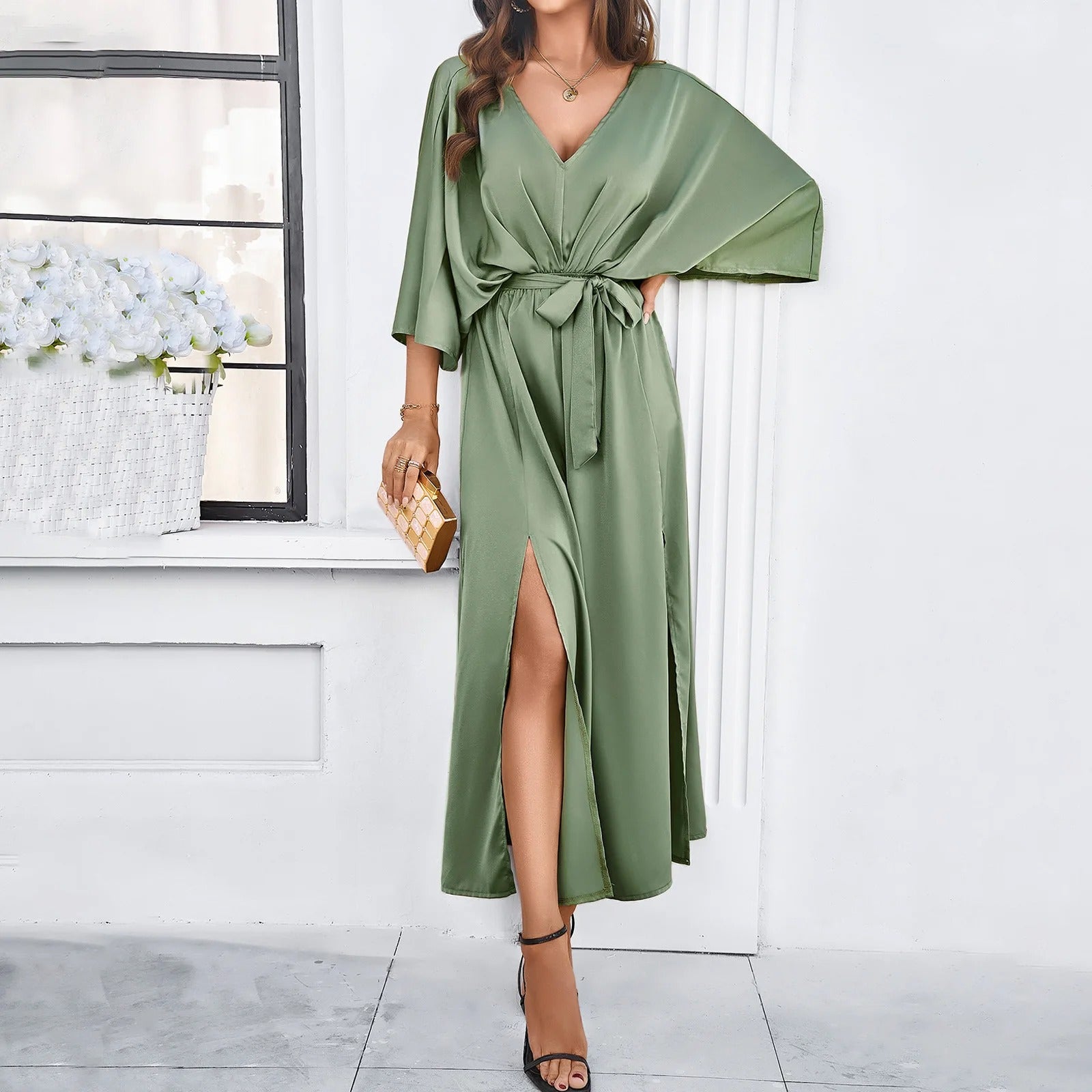 Elegantes V Ausschnitt Kleid mit Schlitz für Frauen