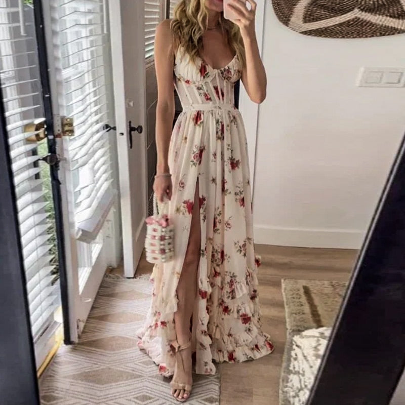 Galineth | Langes Blumen-Sommerkleid mit Schlitz