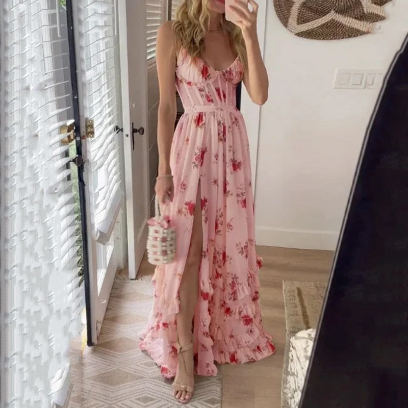 Galineth | Langes Blumen-Sommerkleid mit Schlitz