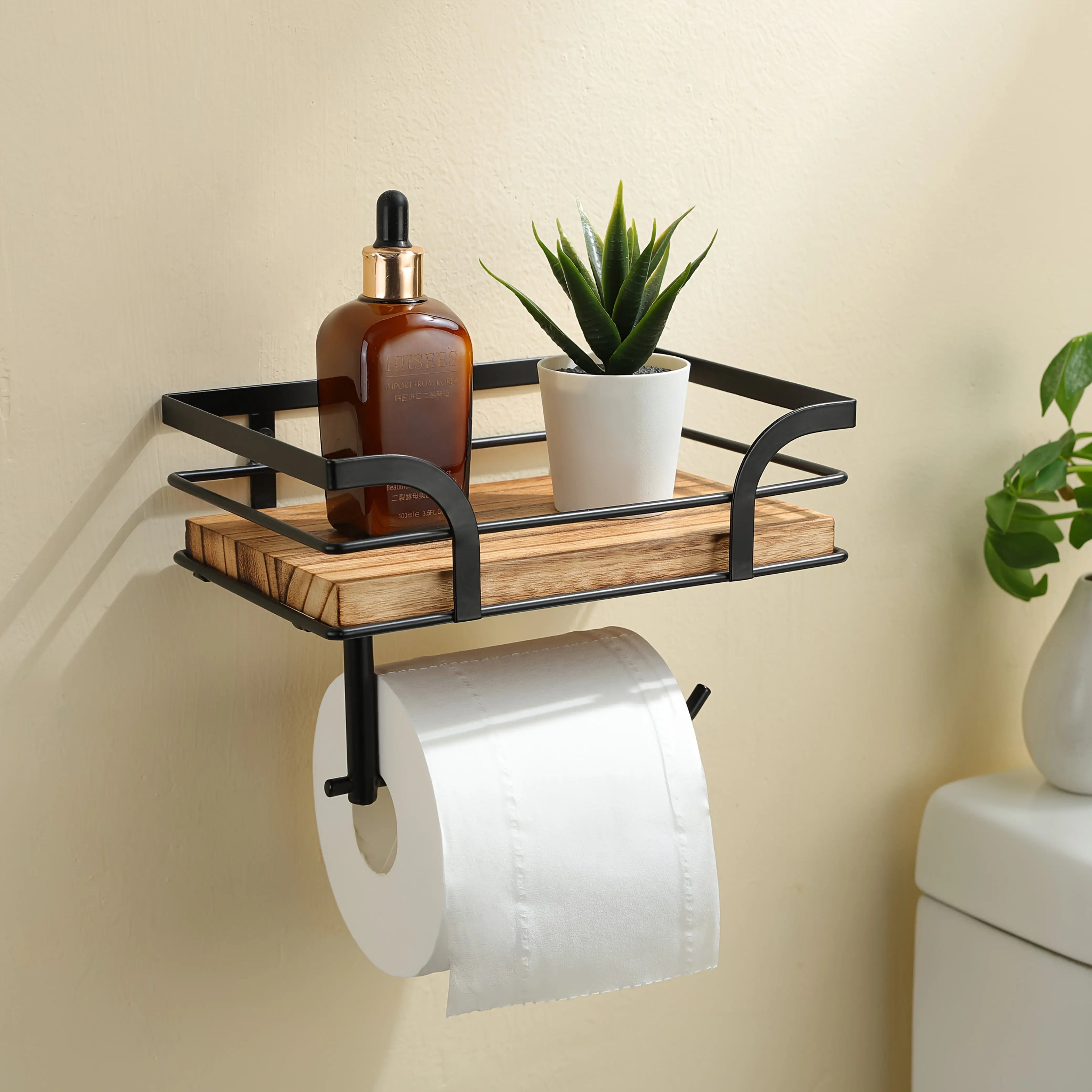 Badezimmer-Wandregal mit Toilettenpapierhalter – Metall & Holz product image 1