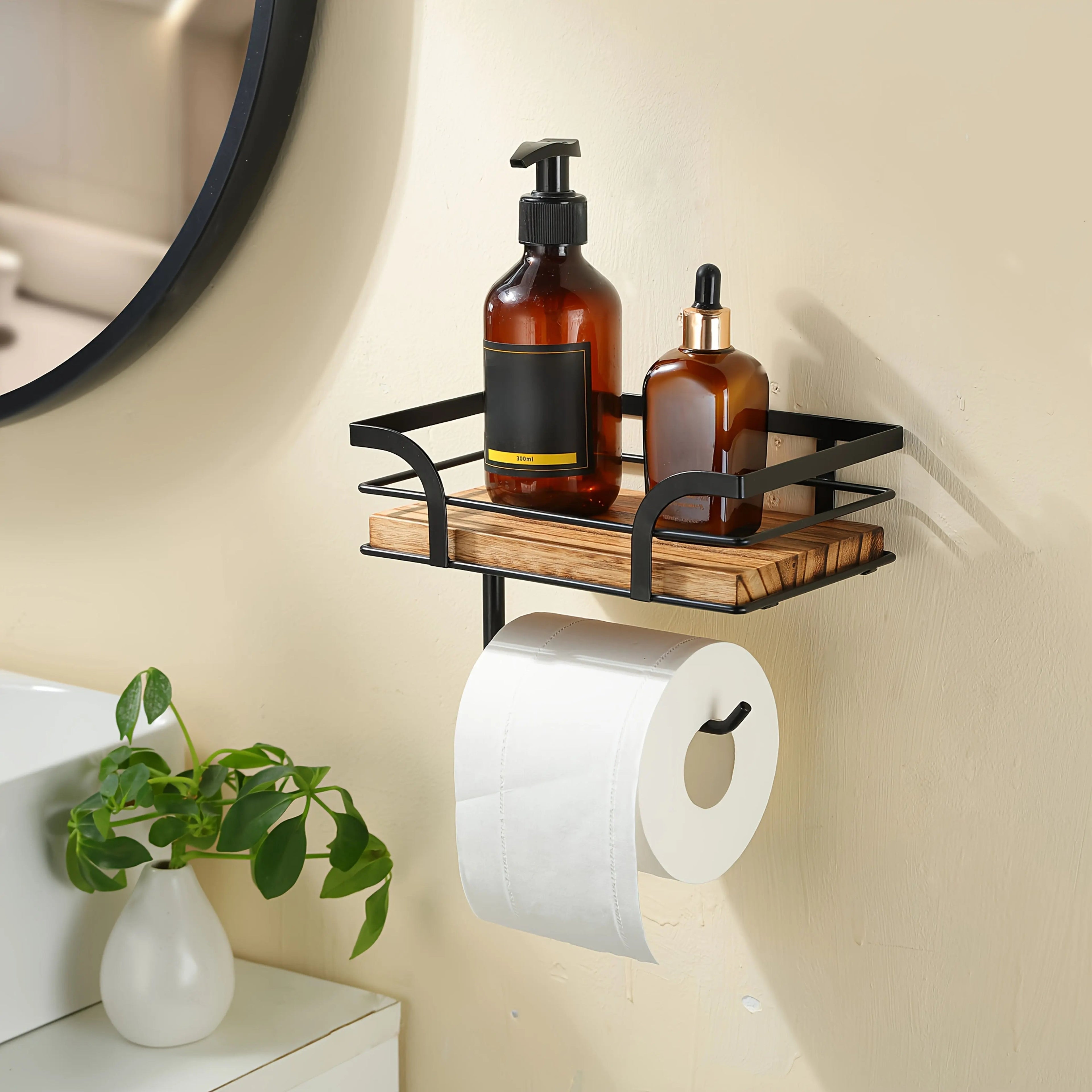 Badezimmer-Wandregal mit Toilettenpapierhalter – Metall & Holz product image 2