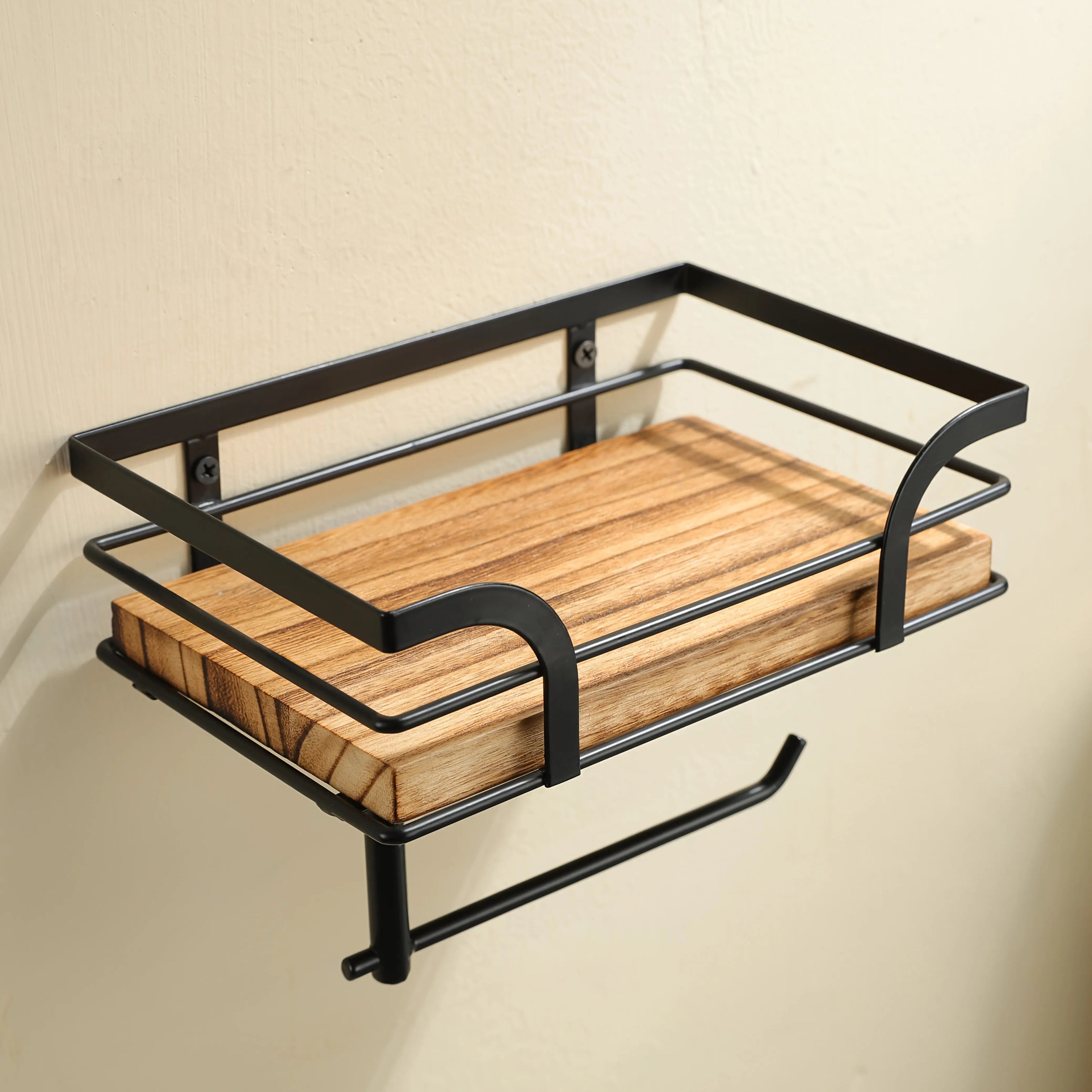 Badezimmer-Wandregal mit Toilettenpapierhalter – Metall & Holz product image 6