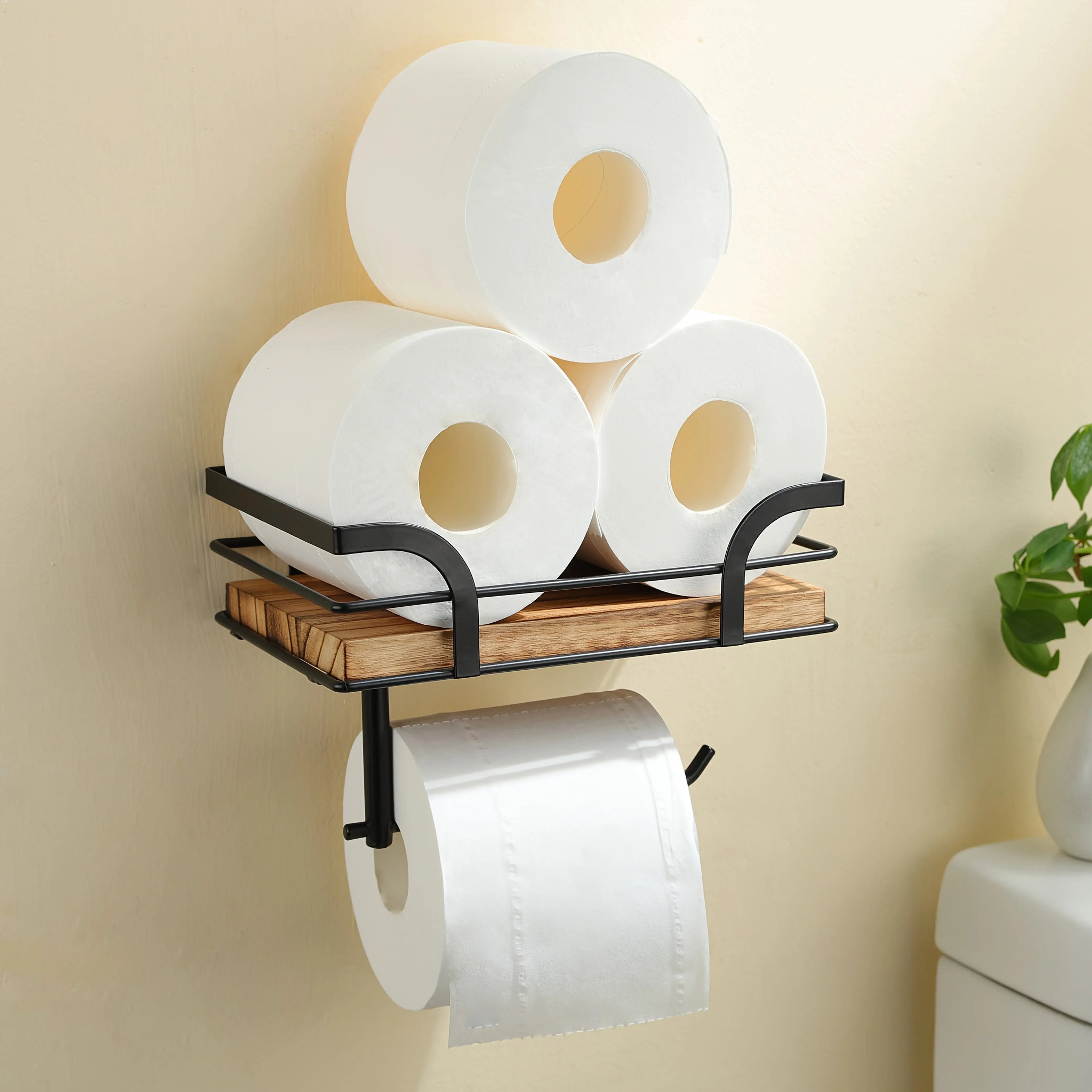 Badezimmer-Wandregal mit Toilettenpapierhalter – Metall & Holz product image 3