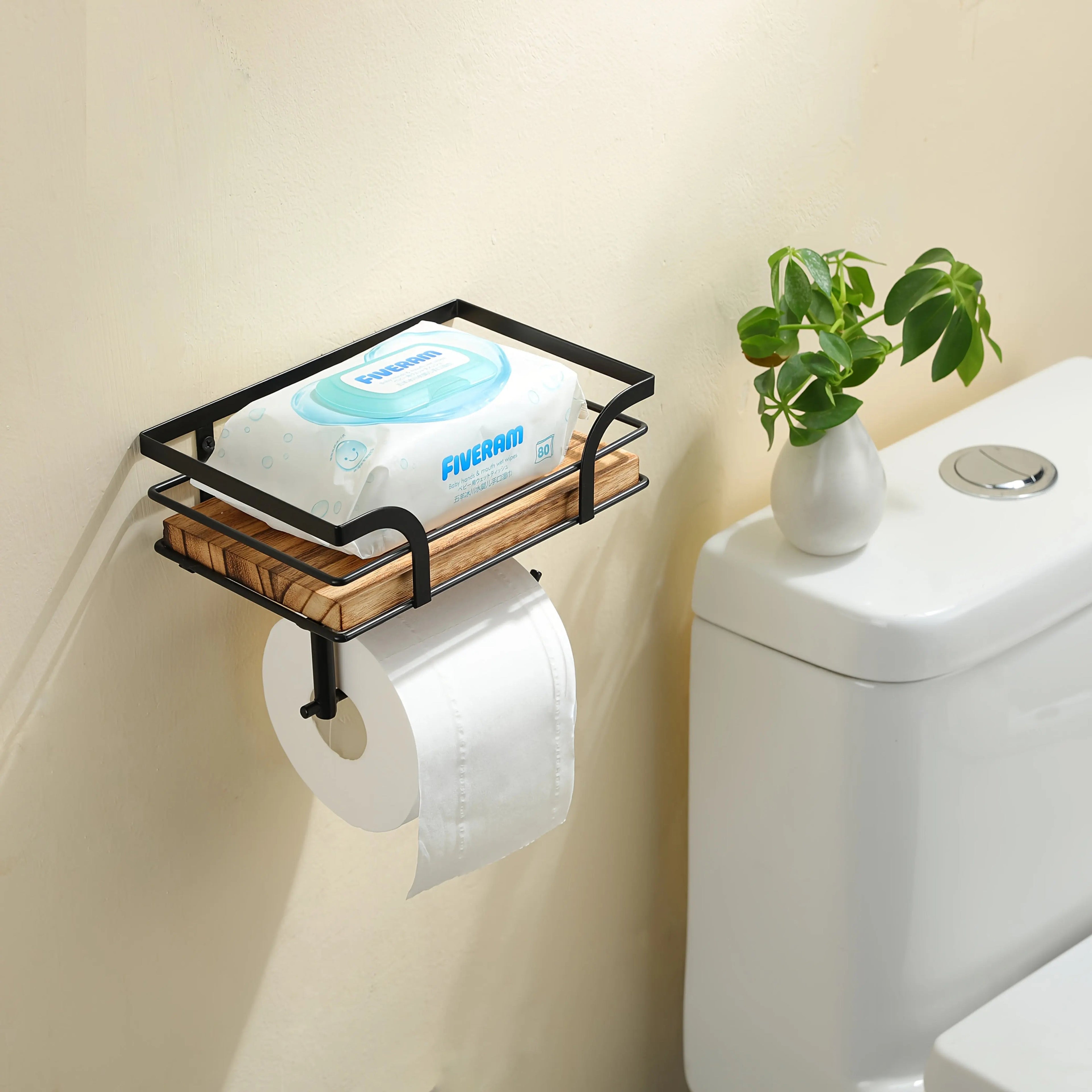 Badezimmer-Wandregal mit Toilettenpapierhalter – Metall & Holz product image 4