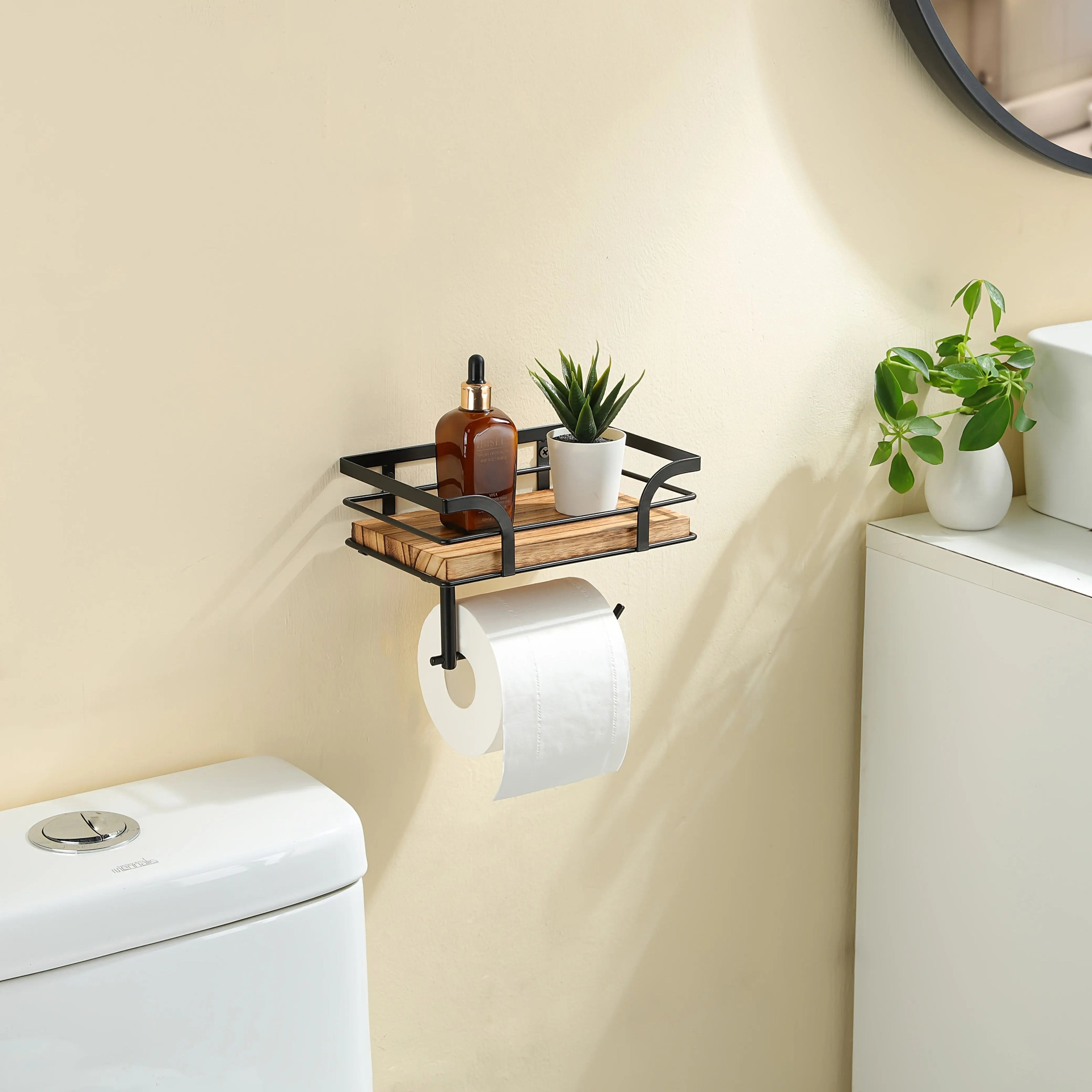 Badezimmer-Wandregal mit Toilettenpapierhalter – Metall & Holz product image 5