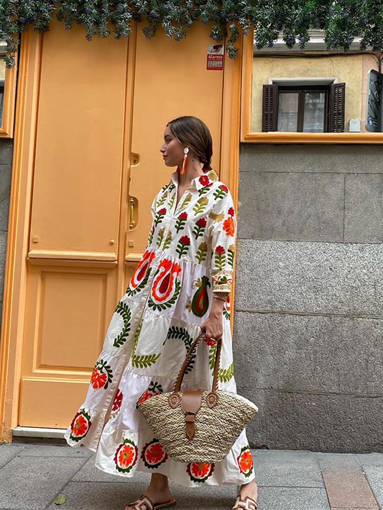 Besticktes Maxikleid im Boho Chic mit weicher Baumwollmischung für Frauen