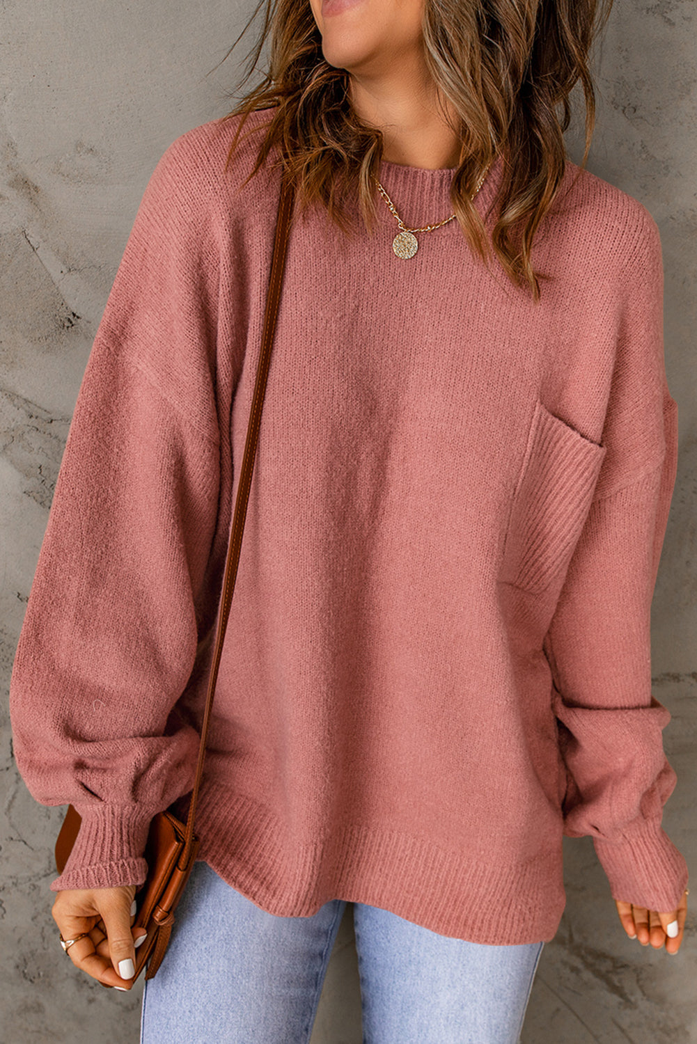 Strickpullover mit Puffärmeln und Taschen Für Frauen
