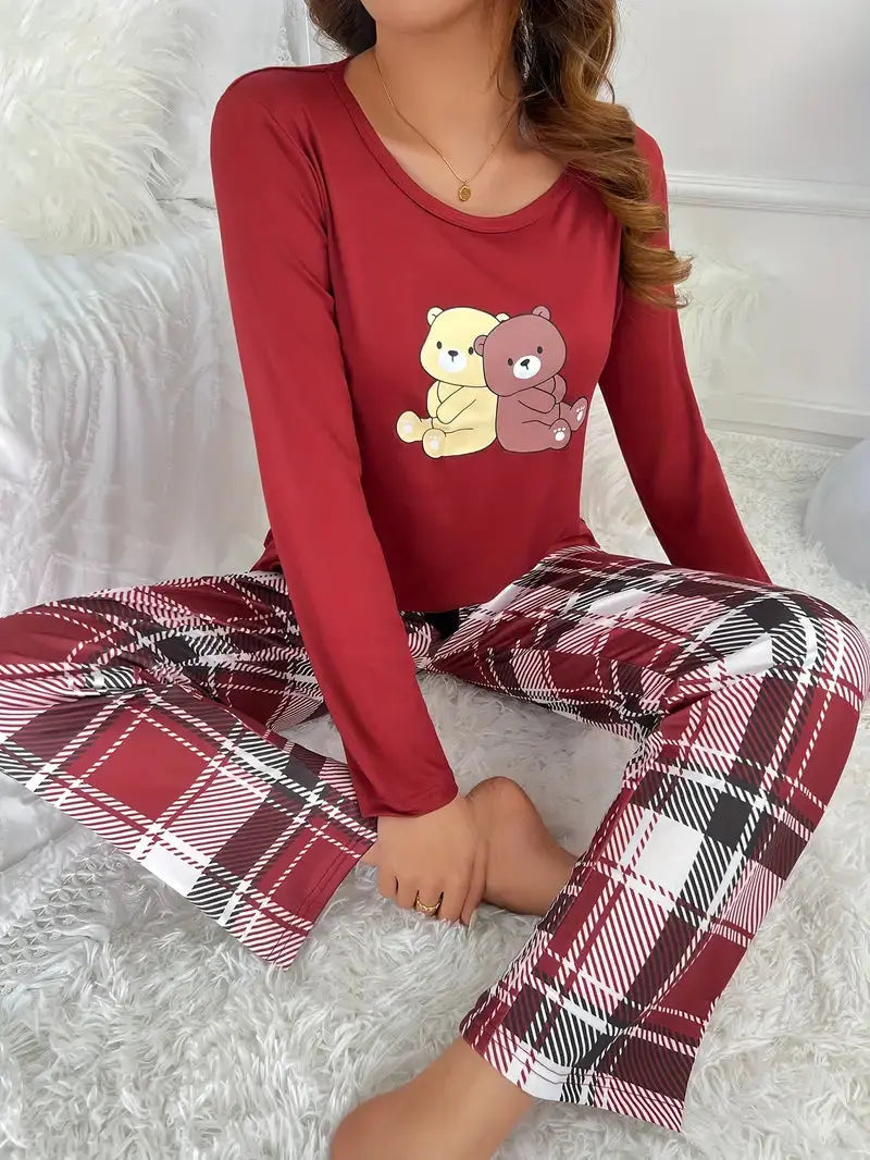 Gemütliches Pyjama-Set mit Cartoon-Bärenprint Für Frauen