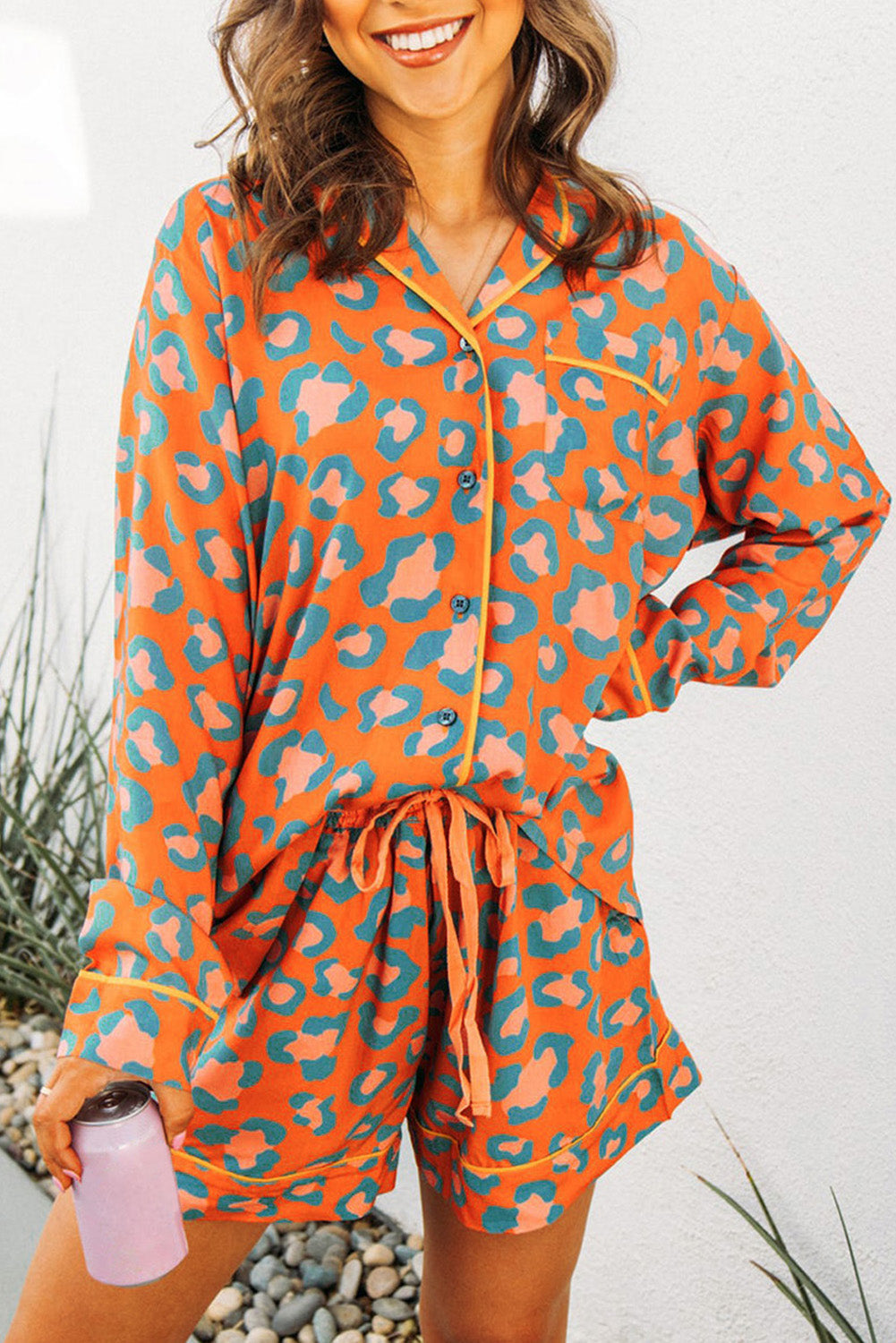 Langarm-Pyjama-Set mit Leopardenmuster in Orange Für Frauen