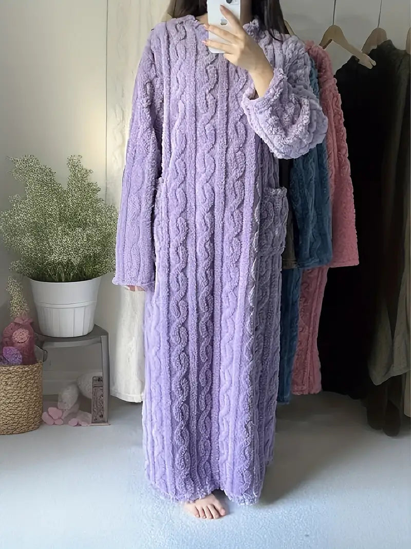 Gemütlicher Strick-Bademantel Mit Langen Ärmeln Und Taschen Für Frauen