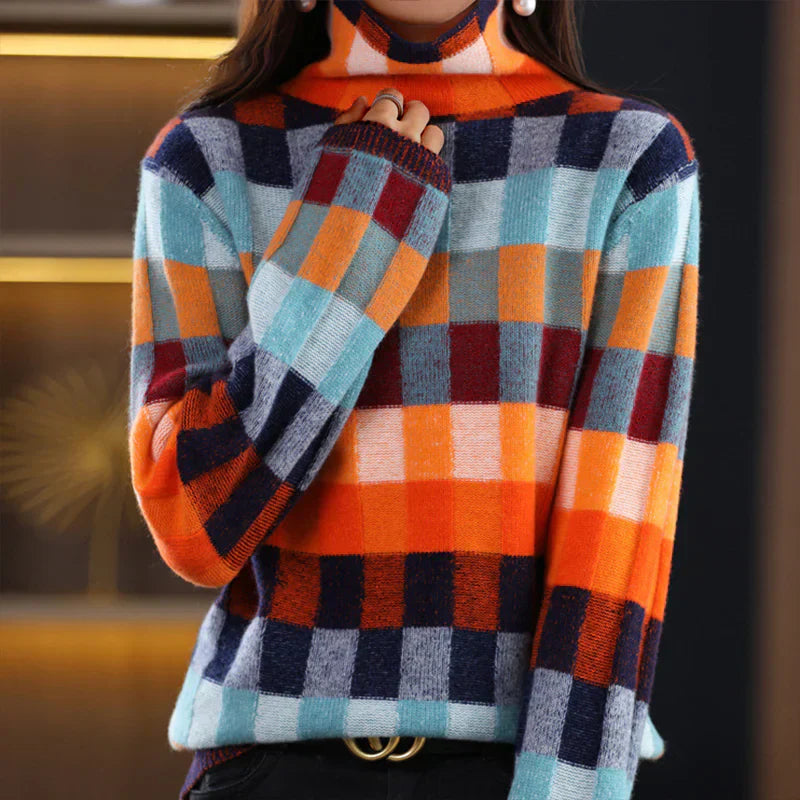 Bunter Patchwork-Rollkragenpullover Für Schicken Herbststil Für Frauen
