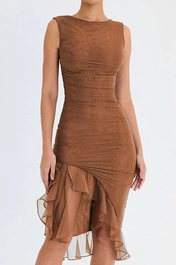 Bootsausschnitt-Rüschen-Sheath-Kleid mit elegantem Design Für Frauen